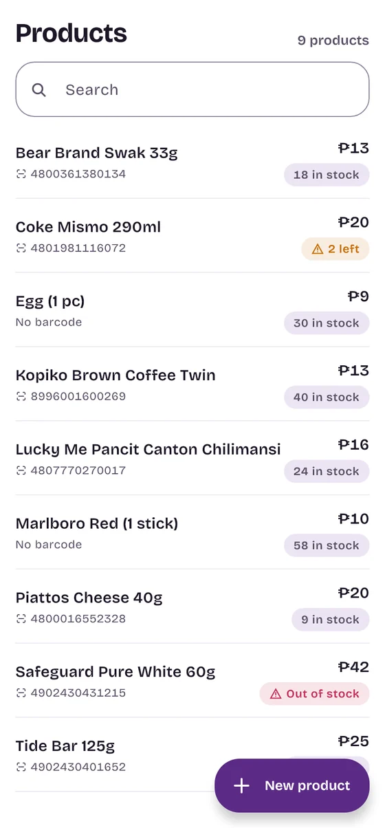 Products with prices and stock